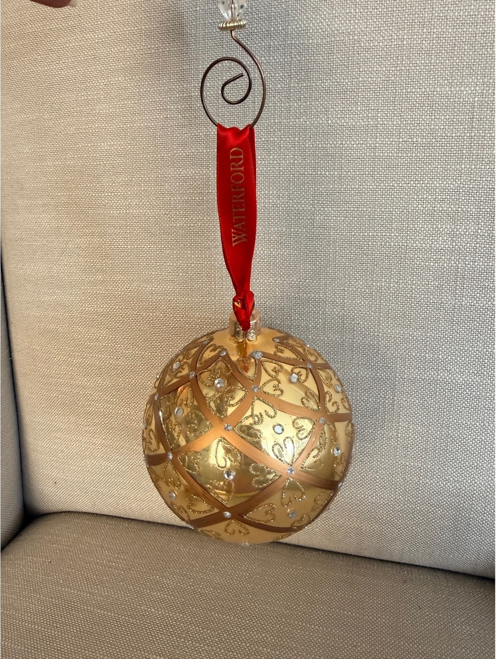 Waterford Holiday Heirlooms Gold Glass Christmas Ornament with Hearts and Rhines